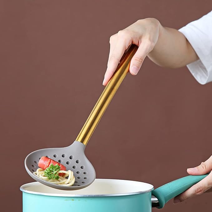 Gold Skimmer, Berglander Non-stick Silicone Strainer With Titanium Gold Plating handle, Kitchen Cooking Skimmers For Non-Stick Cookware, Dishwasher Safe, Easy to Clean - Image 7