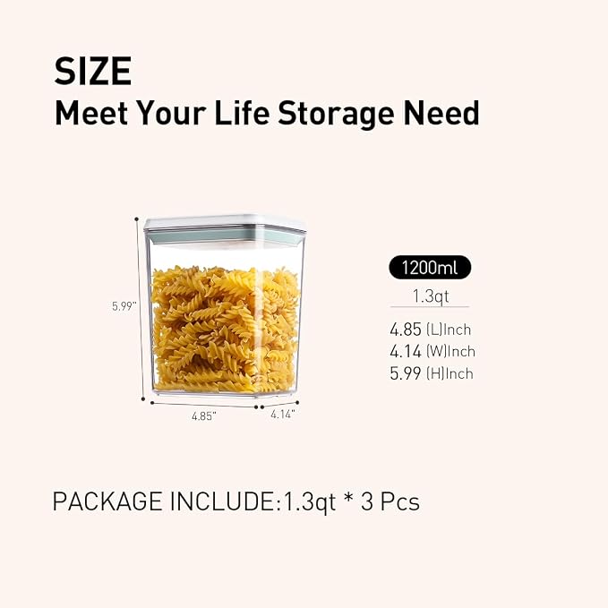 Airtight Food Storage Containers,1.3Qt 3Pcs Pop Food Containers with Lids, Stackable One Button Opening Kitchen Pantry Organizers and Storage, BPA-Free Food Containers Set for Snacks Candy Spices - Image 5