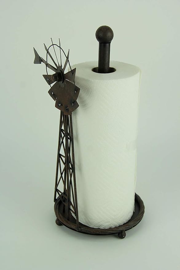 Rustic Distressed Metal Art Windmill Paper Towel Holder Kitchen Table Decor | Countertop standing roll dispenser, vintage farmhouse country style home decoration, unique moving wheel tabletop accent - Image 2
