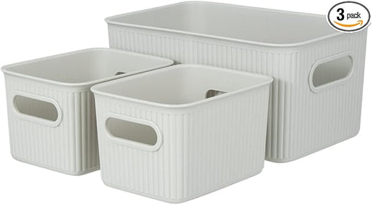 Superio Ribbed Collection - Decorative Plastic Basket Open Home Storage Bins Organizer, White Smoke (Set of 3) 1 Medium, 2 Small - Container Boxes for Organizing Closet Storage Bins for Shelves by Superio