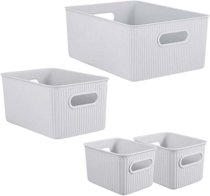 Superio Ribbed Collection - Decorative Plastic Basket Open Home Storage Bins Organizer, White Smoke (Set of 4) 1 Large, 1 Medium, 2 Small - Containers for Organizing Closet Storage Bins for Shelves - Image 7