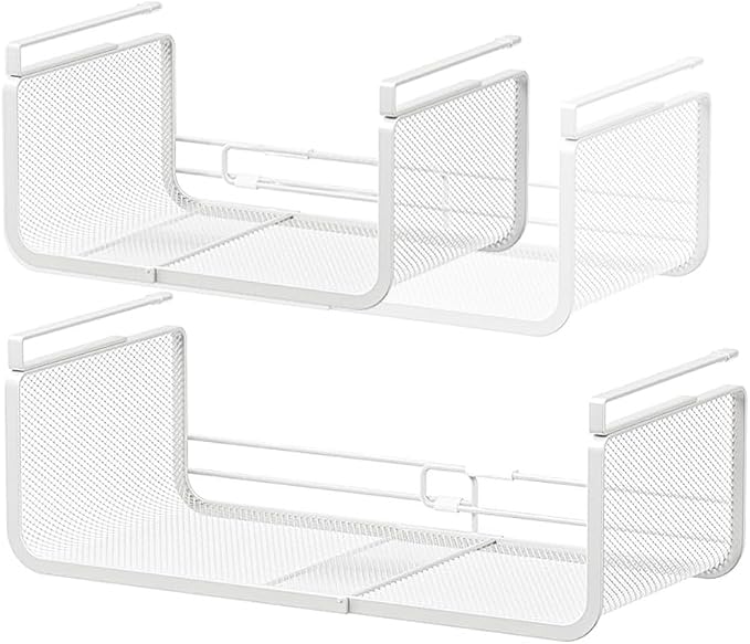 Expandable Under Shelf Basket Organizer, Under Shelf Storage, Hanging Baskets Under Cabinet for Pantry Kitchen Cupboard Desk Counter Bookshelf Space Saver Heavy Duty Slide-in (white, 2 Pack) by Janebert