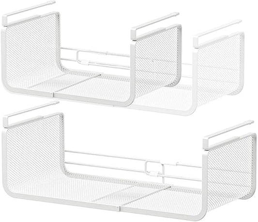 Expandable Under Shelf Basket Organizer, Under Shelf Storage, Hanging Baskets Under Cabinet for Pantry Kitchen Cupboard Desk Counter Bookshelf Space Saver Heavy Duty Slide-in (white, 2 Pack) by Janebert