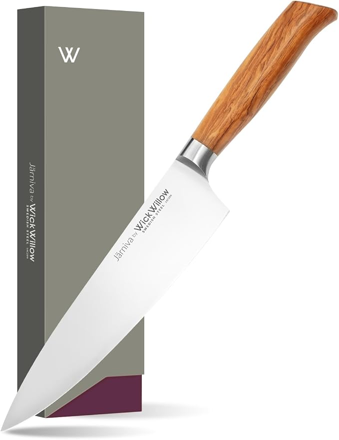 WICKWILLOW 8” Chef Knife – Swedish Steel, Professional, Olive Wood | Ideal for meat, vegetables and daily prep. Hand wash only. Gift box included. | Jarniva Series by WickWillow