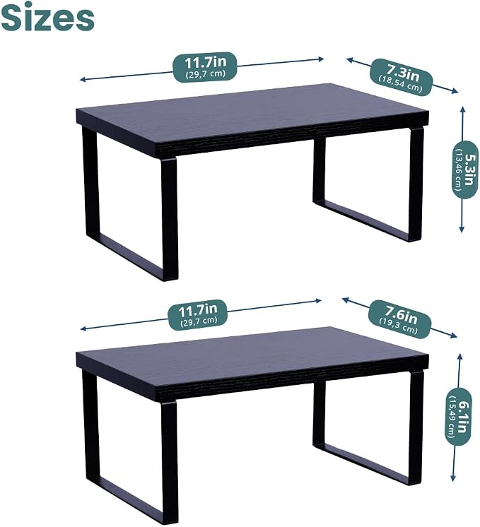 Sben Cabinet Organizer Shelf, Set of 2 Kitchen Counter Shelves, Kitchen Storage, Spice Rack, Stackable, Expandable, Metal and Engineered Wood, Ink Black and Charcoal Black - Image 3
