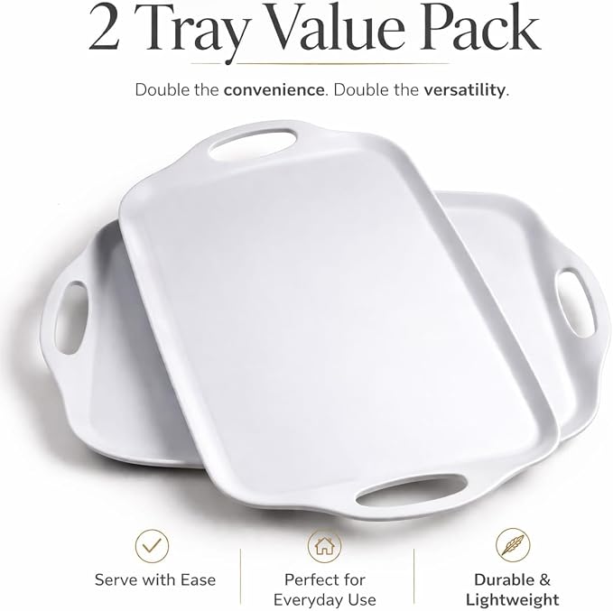 Large Serving Tray with Handles - Durable Rectangular Melamine Platter for Food, Snacks, Appetizers, Parties & Everyday Use - Set of 2 (19" x 12") - Image 3