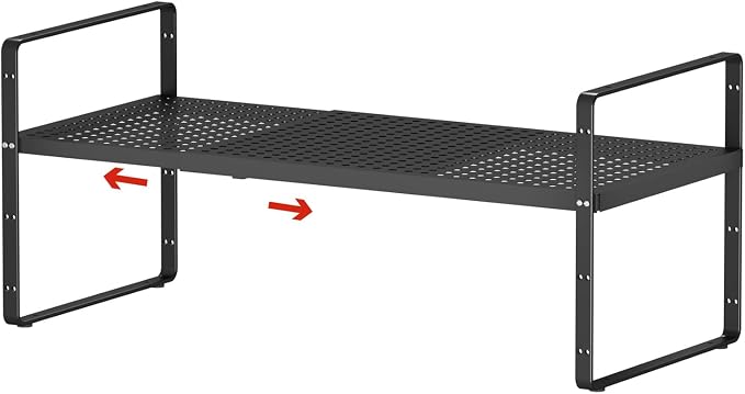Expandable Cabinet Shelf Organizers, 16.5"~27''L, Black | Stackable Metal Shelves, Adjustable Spices Rack Stand, For Kitchen Countertop Storage, For Cupboard Pantry, 8" W x 9.6" H by jkxoo