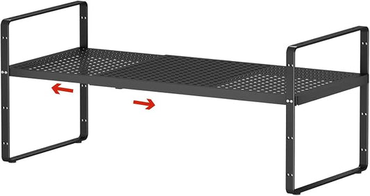 Expandable Cabinet Shelf Organizers, 16.5"~27''L, Black | Stackable Metal Shelves, Adjustable Spices Rack Stand, For Kitchen Countertop Storage, For Cupboard Pantry, 8" W x 9.6" H by jkxoo