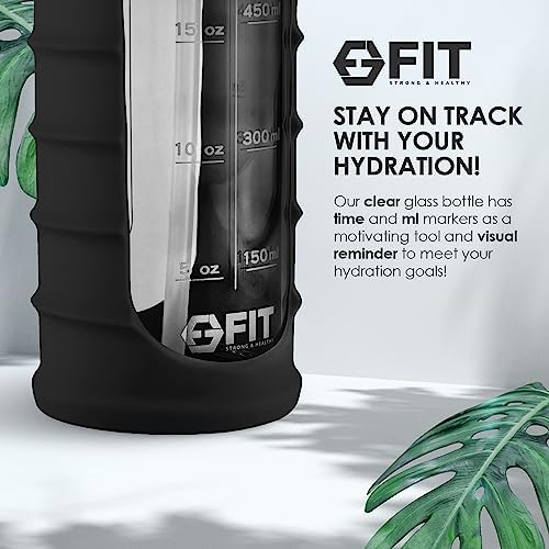FIT Strong & Healthy 4-Pack 2 & 3 Compartment Glass Meal Prep Containers & 32oz Glass Water Bottle with Straw Lid, Time Marker, Sleeve & Extra Lid (Black) - Image 8