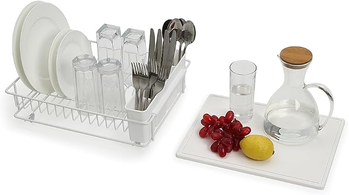 SunnyPoint 304 Stainless Steel Dish Drying Rack with Diatomaceous Earth Drainboard & Removable Utensil Caddy – Rust Resistant Countertop Dish Rack for Kitchen (White) - Image 6