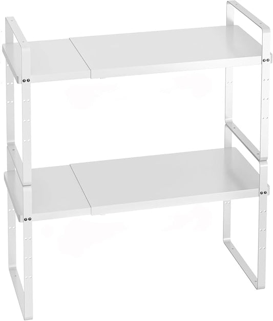 Expandable Cabinet Storage Shelf Organizer Rack, 2 Pack Heavy Duty Steel Metal Spice Rack Adjustable Height Garage Pantry Shelf Space Riser for Counter Kitchen Organization, White by iPEGTOP