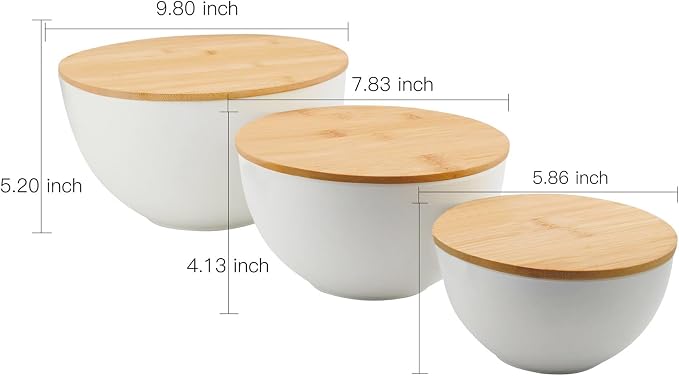 ECOWAY Salad Bowl Set of 3 with Bamboo Wooden Lids, Mixing Bowls Set, Nesting Bowls for Space Saving Storage, Made with Durable Eco-Friendly Bamboo Fiber, Great for Prepping and Serving Food, White - Image 3