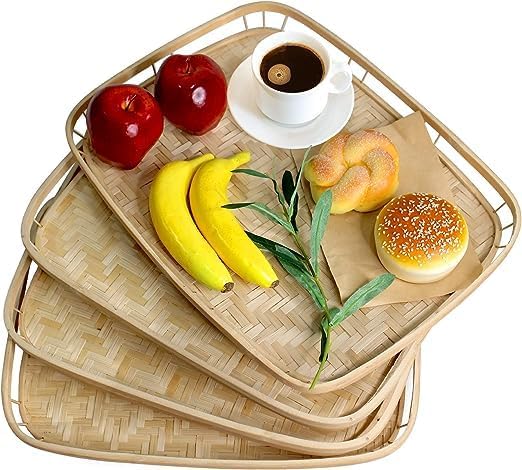 Set of 4 pcs Rectangular Bamboo Wicker Serving Trays with Handles, Handwoven Coffee Trays for Coffee, Breakfast, Bread, Food, Dish and Decorative Trays for Dining Table by MadeTerraS