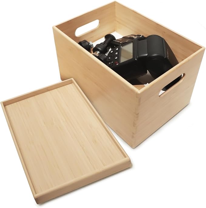 BAMOTTO CRAFTBAMBOO Stackable Bamboo Storage Bin with Lid 10.2”x7.3”x6.5” | Cutout Handles | Compact Design | Natural Bamboo Box Basket for Kitchen Pantry Drawer, Organize Tableware Snacks Toys Books by BAMOTTOCRAFTBAMBOO