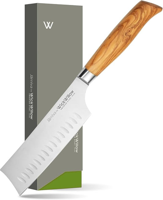 WICKWILLOW 6.5” Nakiri Knife – Swedish Steel, Olive Wood Handle, Daily Prep | For vegetables, herbs and plant-based cooking with clean push cuts. Hand wash only. Gift box included. by WickWillow