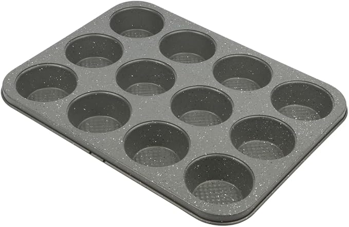 David Burke 12-Cup Muffin Pan, Carbon Steel, PFTE & PFOA Free, Oven Safe, Diamond Textured Surface – Gray Speckle by David+Burke