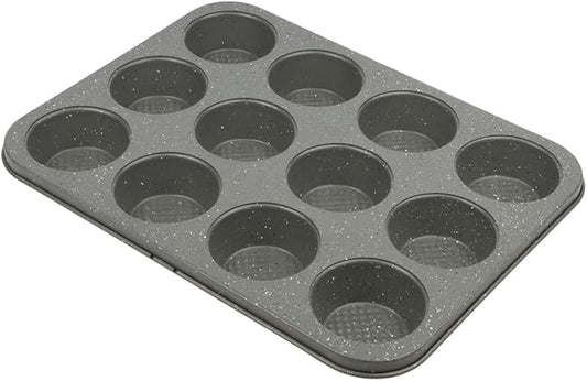 David Burke 12-Cup Muffin Pan, Carbon Steel, PFTE & PFOA Free, Oven Safe, Diamond Textured Surface – Gray Speckle by David+Burke