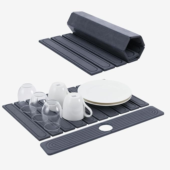 2-In-1 Stone Dish Drying Mat Set For Kitchen Counter. New Collapsiable Space Saving Diatomaceous Earth Stone Dish Mat 23.6"(L)x15.3"(W) + Faucet Protector 23.6"(L)x4(W)- Ultra Absorbent Non-Slip-Gray by Unknown