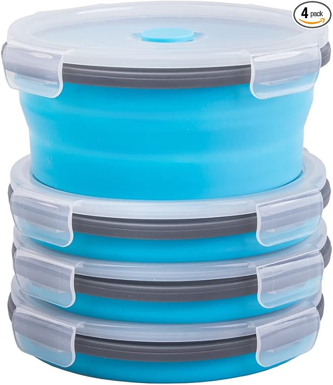 Collapsible Food Storage Containers Round with Airtight Lid, 27 oz, Kitchen Stacking Silicone Collapsible Meal Prep Container Set for Leftover, Microwave Freezer Dishwasher Safe, Blue, Set of 4 by Annaklin