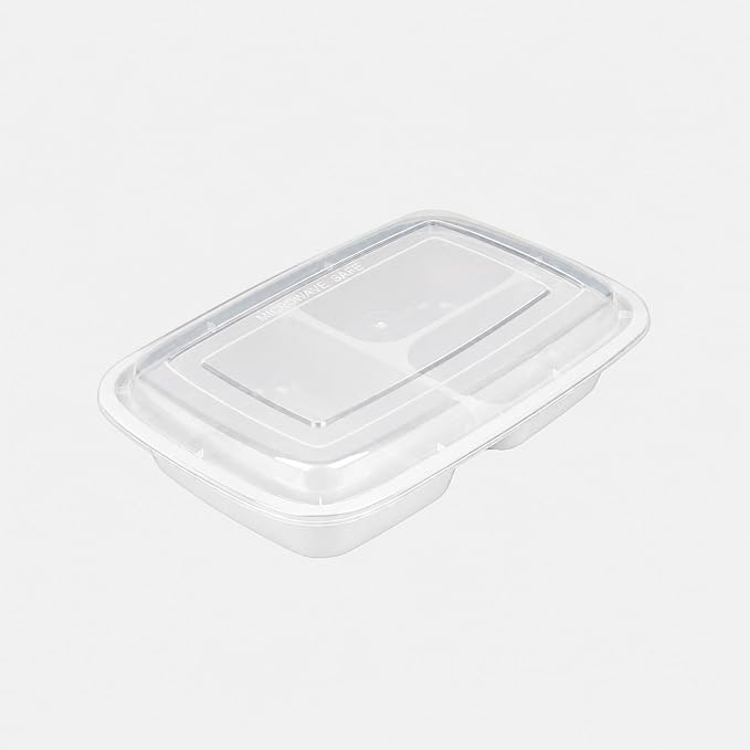 Asporto 26 Ounce Compartment Take Out Boxes, 50 Microwavable Meal Prep Containers - 3 Compartments, With Clear Plastic Lids, White Plastic Food Containers, Do Not Contain BPA - Restaurantware - Image 2