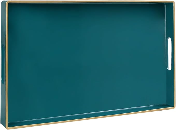 Teal Decorative Tray for Coffee Table, Serving Tray with Handles | Plastic Melamine Tray, Modern Ottoman Tray, Rectangular Countertop Organizer Tray for Living Room, 15.8"L x 10.2"W x 1.4"H by MAONAME