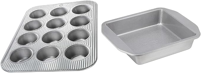 USA Pan 12-Cup Muffin Pan and 8-Inch Square Cake Pan Aluminized Steel Bakeware Set by USAPan