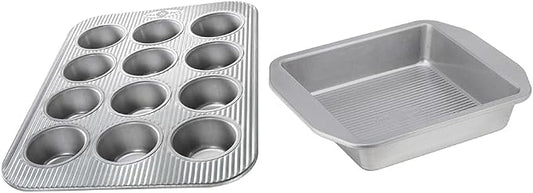 USA Pan 12-Cup Muffin Pan and 8-Inch Square Cake Pan Aluminized Steel Bakeware Set by USAPan