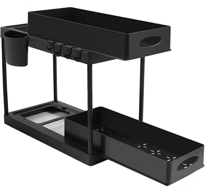 Double Sliding Cabinet Basket Organizer Drawers, 2 Tier Slide Out Under Sink Organizers Storage Under Cabinet Bathroom Organizer with Hooks & Hanging Cup for Kitchen Countertop (Black) by Ygapuzi