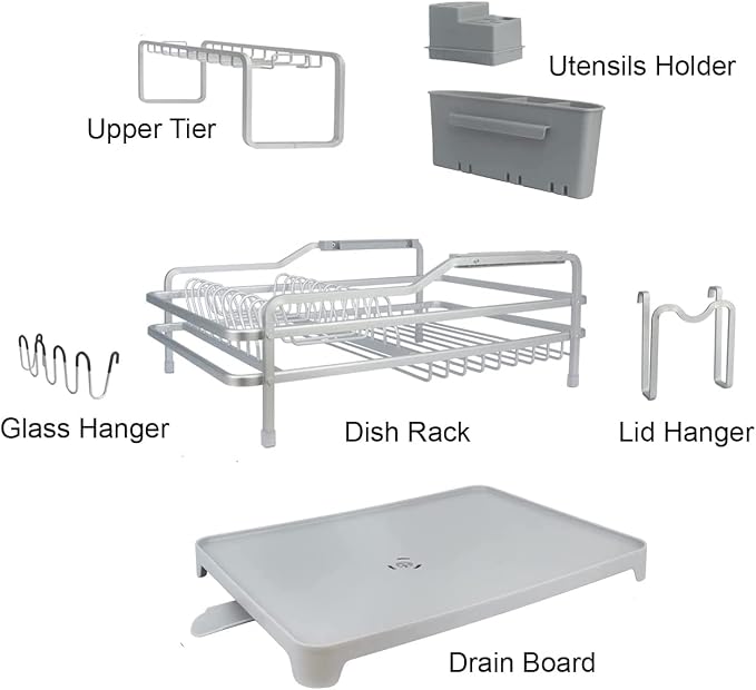 GMT-10353-B Aluminum Dish Drying Rack with Utensil Holder - 2 Tier Kitchen Countertop Rust Proof Dish Rack Lid Hanger and Drainboard Set - Large Dish Organizer Rack - Image 3