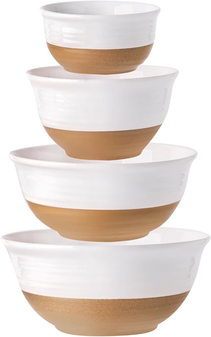 HASENSE Ceramic Serving Bowls Set of 4, 2.1/1.5/1.0/0.5 Qt White & Terracotta Stoneware Mixing Bowls, Farmhouse Bowls for Cooking, Prepping, Salad & Soup, Dishwasher & Microwave Safe, Serving Dishes by Hasense
