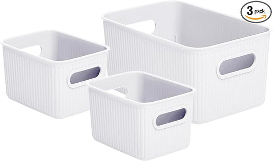 Superio Ribbed Collection - Decorative Plastic Basket Open Home Storage Bins Organizer, White (Set of 3) 1 Medium, 2 Small - Container Boxes for Organizing Closet Storage Bins for Shelves by Superio