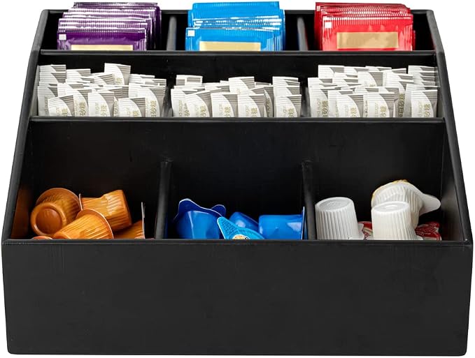 Restaurantware-11.75 x 5.5 Inch Coffee Condiment Organizer, 1 Square Creamer Organizer - 9 Compartments, Break-Resistant, Black Bamboo Coffee Accessory Caddy, Won't Chip, For Sugar Packets & Creamers - Image 9