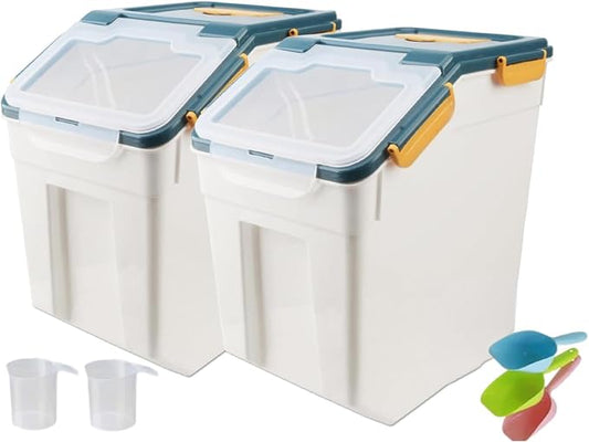 50LB Large Flour Storage Container Bin,2 Pack Airtight Plastic with Wheels Seal Locking Lid Dispenser Organizer Bin with Measuring Cup & Scoop for Flour, Rice, Grain 100LBS Total Capacity(Blue) by YXQ