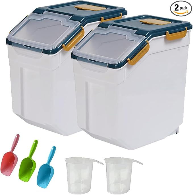 25LB Large Flour Storage Container Bin ,2 Pack Airtight Plastic with Wheels Seal Locking Lid Dispenser Organizer Storage Bin with Measuring Cup & Scoop for Flour, Rice, Grain 50LBS Total by YXQ