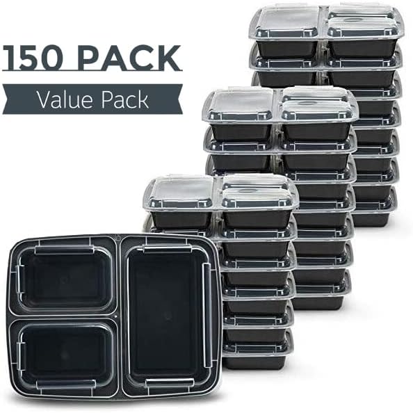 [150Pack] 32oz Meal Prep Containers, Black Plastic Container, 3 Compartment Lunch Box, Bento Box, To go Food packaging, Reuseable - Image 8