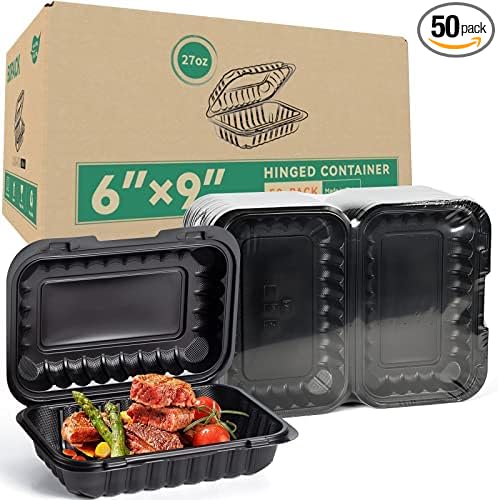 50-Pack 27oz 9x6 Black To Go Container - Shrink Wrapped No Pre-Wash | Sturdy BPA Free | Reusable & Secure Seal | Microwave, Freezer Safe Boxes For Restaurant, Catering, BBQ & Leftovers by LEOBOX