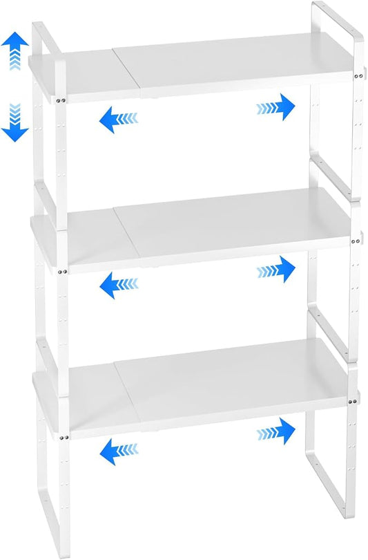 Expandable Cabinet Shelf Organizer, Stackable Kitchen Pantry Counter Storage, Adjustable Closet Cupboard Stand Rack Risers Spice Organization 80LBS Heavy Duty White 3 Pack by KIKIBRO