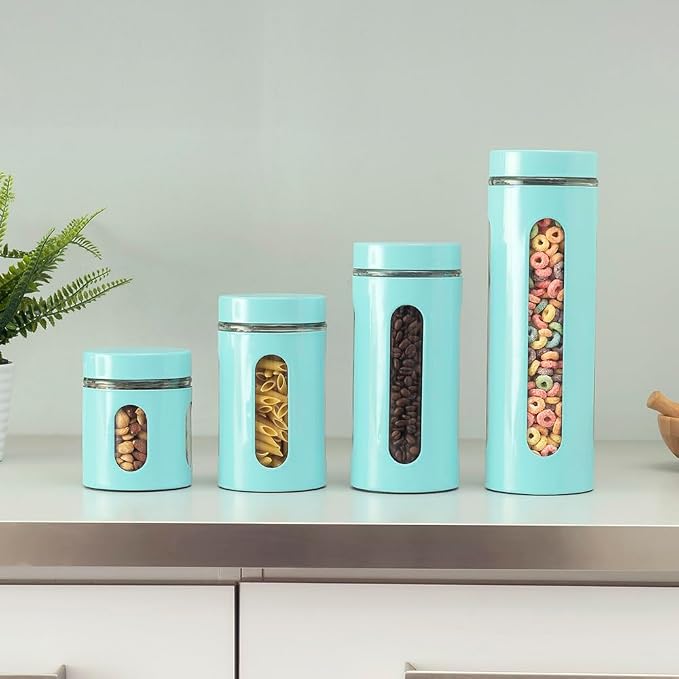 Kitchen Canisters Set For Countertop By Home Basics | Retro-Styled Canisters For Kitchen Counter | Stainless Steel and Glass, See-Through Windows (Turquoise), 4 Pieces - Image 6