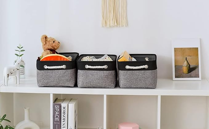 Storage Basket for Organizing - 1 Pack 14x10x6.7 inch Collapsible Storage Bins for Shelves, Dog Toy Bin for Closet Organizer laundry Gift Cloth Nursery (Grey & Black) - Image 3