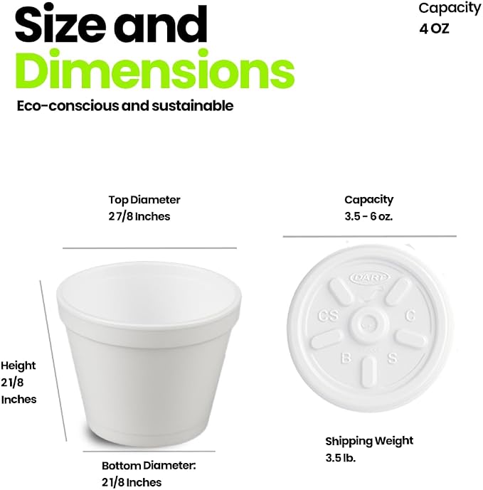 4 oz Foam Cups with Lids – Insulated Disposable Styrofoam Cups with Lids for Hot or Cold Food & Drinks – 50 to 1000 Pack – Leak-Resistant, Made in USA (50, white, 4 oz) - Image 2