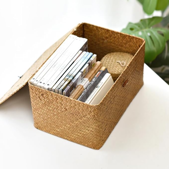 Wicker Basket with Lid, Seagrass Storage Basket, Woven Baskets for Storage, Decorative Storage Baskets for Shelf Organizing, Natural - Image 7