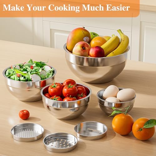 4-Pack Fruit Storage Containers for Fridge with Removable Colanders and 6 PCS Stainless Steel Mixing Bowls with 3 Grater Attachments, Kitchen Food Storage Organizers Nesting Mixing Bowl - Image 6