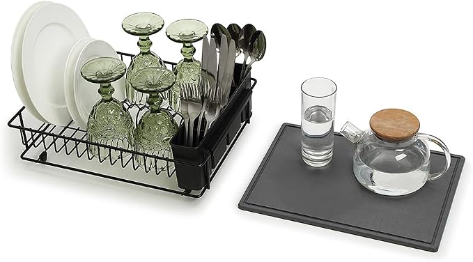 SunnyPoint 304 Stainless Steel Dish Drying Rack with Diatomaceous Earth Drainboard & Removable Utensil Caddy – Rust Resistant Countertop Dish Rack for Kitchen (Black) - Image 6