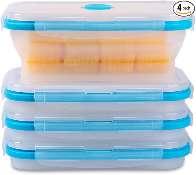 Collapsible Food Storage Containers with Airtight Lid & Vent, 27oz, Kitchen Stacking Silicone Collapsible Meal Prep Container Set for Leftover, Microwave Freezer Dishwasher Safe, Translucent, Set of 4 by Annaklin