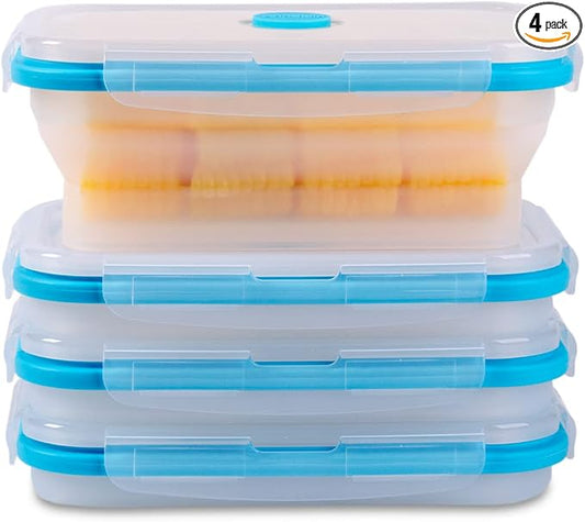 Collapsible Food Storage Containers with Airtight Lid & Vent, 27oz, Kitchen Stacking Silicone Collapsible Meal Prep Container Set for Leftover, Microwave Freezer Dishwasher Safe, Translucent, Set of 4 by Annaklin