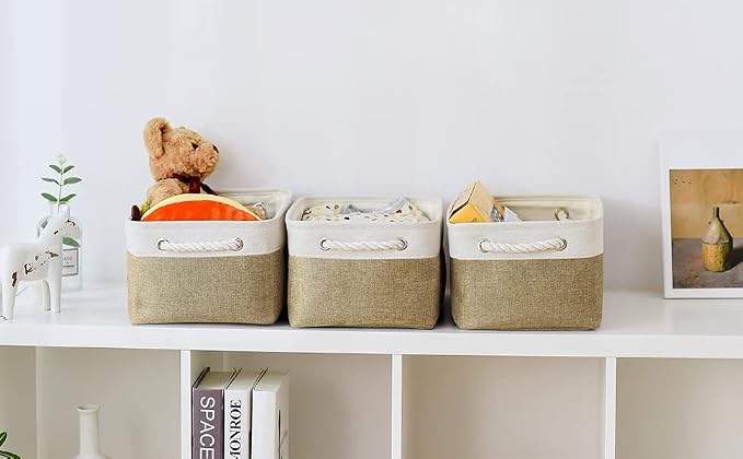 Storage Basket for Organizing - 14x10x7 inch Medium 3 Pack Collapsible Storage Bin for Shelves with Handles, Canves Storage Box for Organizer Cubes Cloth Gift Toy Closet (White & Khaki) - Image 4