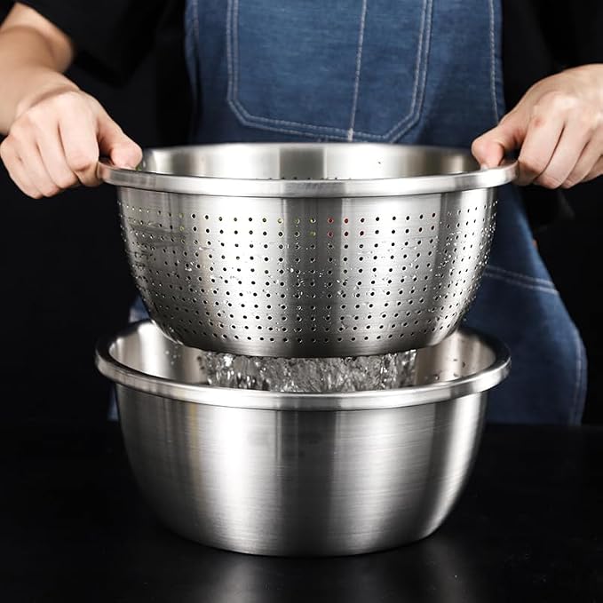 Stainless Steel Mixing Bowl Set with Colander 5-piece set, Round Nesting Bowls for Washing Vegetables, Beating Eggs, Draining, and Kneading Dough - Image 5