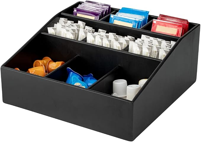 Restaurantware-11.75 x 5.5 Inch Coffee Condiment Organizer, 1 Square Creamer Organizer - 9 Compartments, Break-Resistant, Black Bamboo Coffee Accessory Caddy, Won't Chip, For Sugar Packets & Creamers by Restaurantware