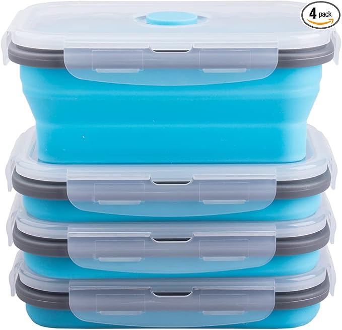 Collapsible Food Storage Containers with Airtight Lid & Air Vent, 16.9 oz, Kitchen Stacking Silicone Collapsible Meal Prep Container Set for Leftover, Microwave Freezer Dishwasher Safe, Blue, Set of 4 by Annaklin