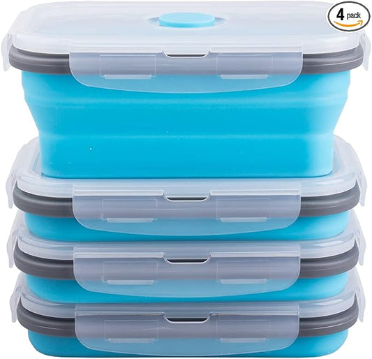 Collapsible Food Storage Containers with Airtight Lid & Air Vent, 16.9 oz, Kitchen Stacking Silicone Collapsible Meal Prep Container Set for Leftover, Microwave Freezer Dishwasher Safe, Blue, Set of 4 by Annaklin